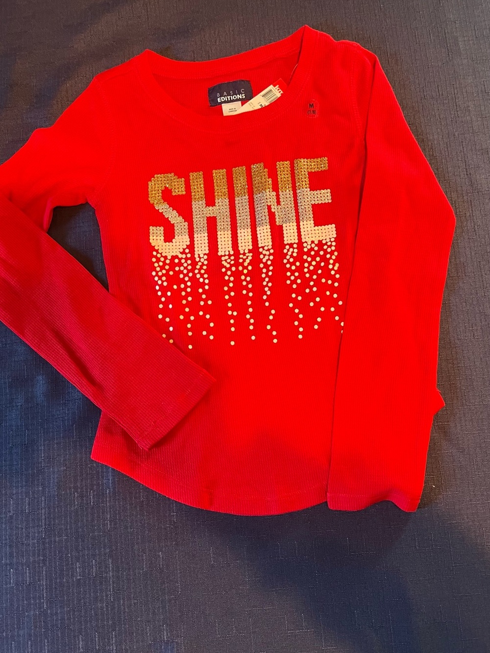 Basic Editions Red Long-Sleeve Tee with Gold Sequin 'SHINE' Design